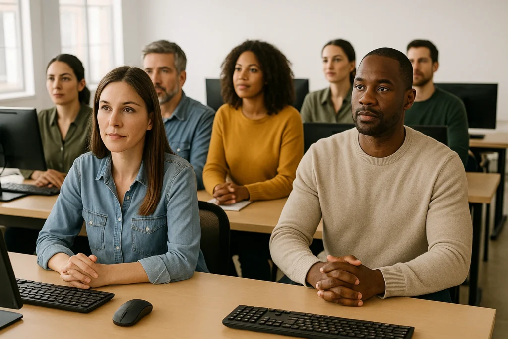 Adults learning retraining for new job skills in classroom