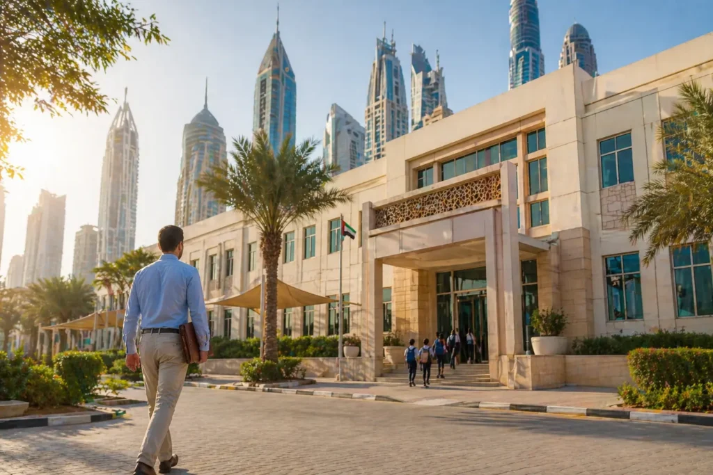 Teacher arriving at a modern school in a Middle Eastern city